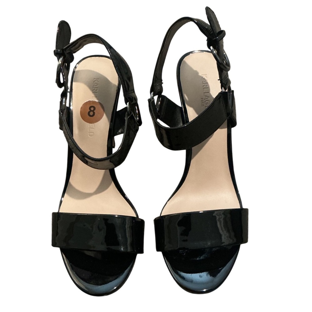 Karl Lagerfeld Paris Sandals Women 8 Black Patent Ankle Strap Heels